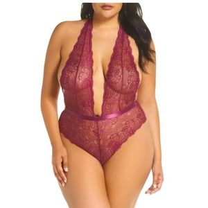 Elegant Lace Halter Bodysuit in Burgundy xl night wear